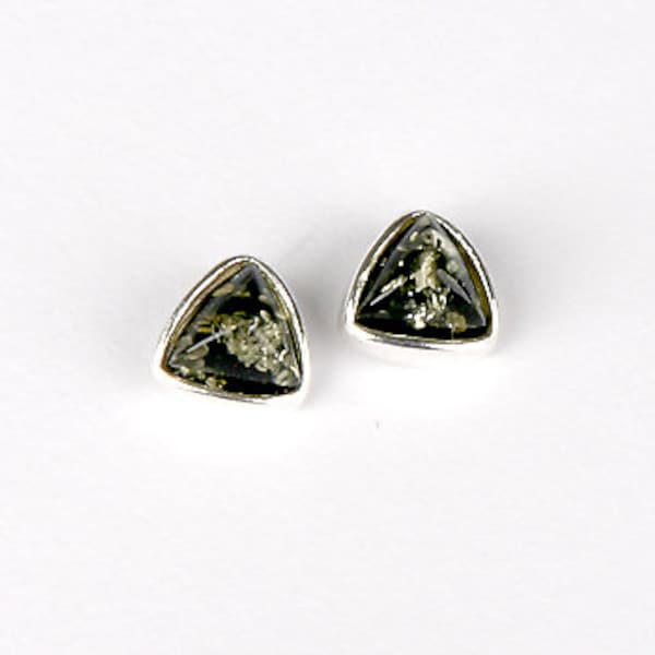 Green amber ear studs on 925/1000 silver, amber gift, low price gift, green earrings
