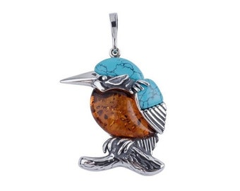 Amber and turquoise fisherman pendant on 925 silver