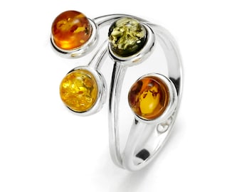 Anillo ajustable en ámbar multicolor sobre plata 925, anillo de ámbar, anillo ajustable, anillo multicolor