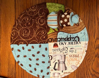 Coffee Theme Mug Rug, Large Coaster, Small Placemat, 9 in circle placemat,