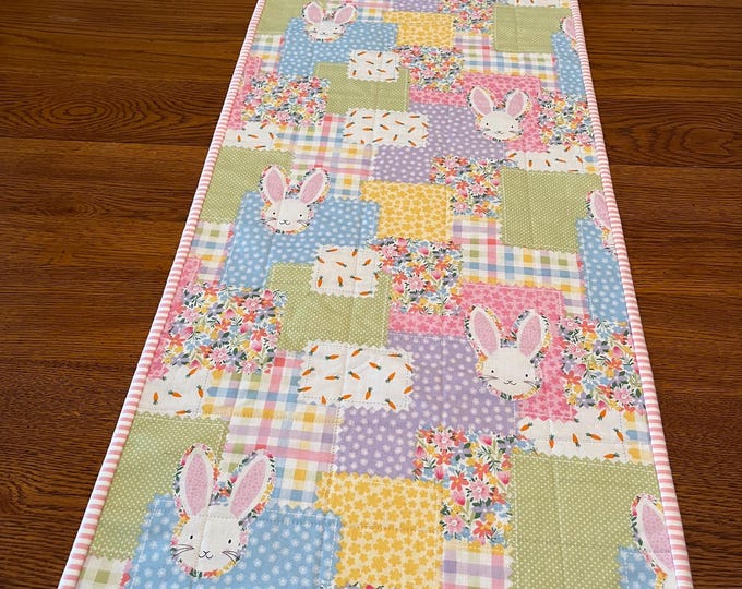 Table Runner Spring Style Handmade Quilted Table Runner, Spring Bunny Floral Patchwork 15