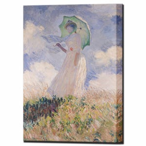 CLAUDE MONET, canvasprint vrouw met parasol naar links gedraaid, Monet wordt afgedrukt muurdecor impressionisme canvas muurkunst print, klaar om op te hangen