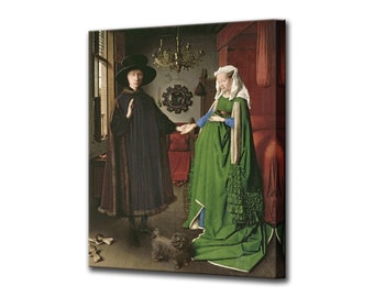 May include: A painting of a couple in a bedroom. The man is wearing a black robe and a hat. The woman is wearing a green dress and a white head covering. A small dog is in the foreground.