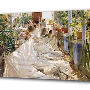 SEWING THE SAIL, Joaquin Sorolla Y Bastida Canvas Wall Art Workers Mending The Sail Vintage Famous Classical Framed Wall Décor Ready To Hang