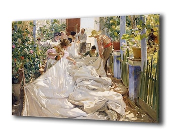 SEWING THE SAIL, Joaquin Sorolla Y Bastida Canvas Wall Art Workers Mending The Sail Vintage Famous Classical Framed Wall Décor Ready To Hang