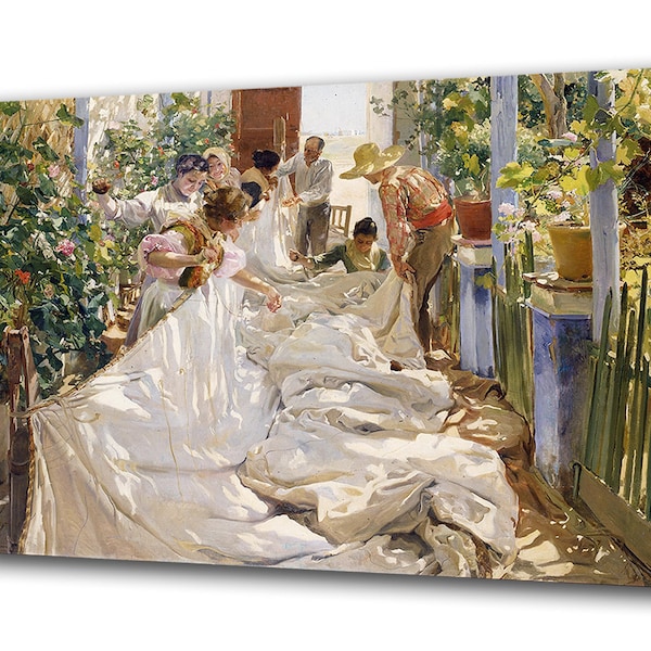 SEWING THE SAIL, Joaquin Sorolla Y Bastida Canvas Wall Art Workers Mending The Sail Vintage Famous Classical Framed Wall Décor Ready To Hang