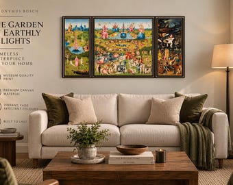 May include: A triptych wall art print of Hieronymus Bosch's The Garden of Earthly Delights, featuring three framed panels with detailed, colorful scenes of figures, landscapes, and surreal elements, displayed above a beige sofa in a living room.