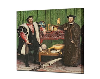 May include: A painting of two men in Renaissance clothing standing in front of a table with various objects, including a globe, a lute, and books. The men are wearing black and red clothing with fur trim. The background is a green curtain.