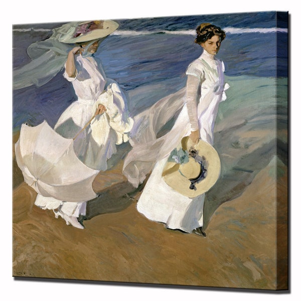 Joaquin Sorolla y Bastida, Strolling along the Seashore, Canvas Print Wall Decor Walk on the Beach Gift for Her Canvas Wall Art Print