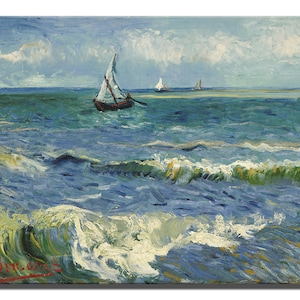 May include: A painting depicting a seascape with a single sailboat in the foreground and two sailboats in the distance. The water is a vibrant blue with whitecaps and the sky is a light blue with white clouds.