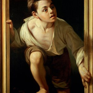 Escaping criticism - Pere Borrel Del Caso Canvas Print, Wall Art, Wall Decor, Boy Climbing out of Frame, Ready To Hang, Artwork, Print