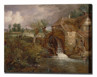 May include: A painting of a watermill with a wooden water wheel and a stone building. The mill is surrounded by trees and a stream of water. The sky is cloudy and there are some people in the distance.