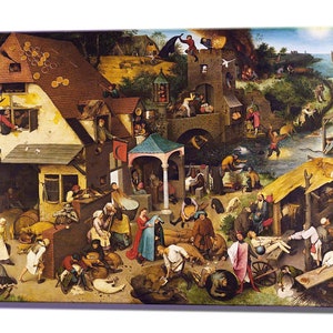 Può includere: Stampa su tela di un dipinto dettagliato e colorato raffigurante una vivace scena di villaggio. L'opera presenta numerose figure impegnate in varie attività, con edifici, un fiume e un paesaggio costiero sullo sfondo.