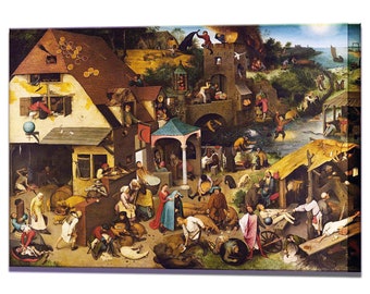 May include: A canvas print of a detailed, colorful painting depicting a bustling village scene. The artwork features numerous figures engaged in various activities, with buildings, a river, and a coastal landscape in the background.