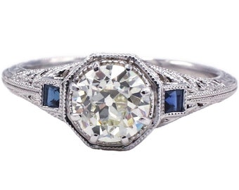 GIA Certified 1.02 Carat L VSI Old European Cut Art Deco Style Engagement Ring With Sapphires