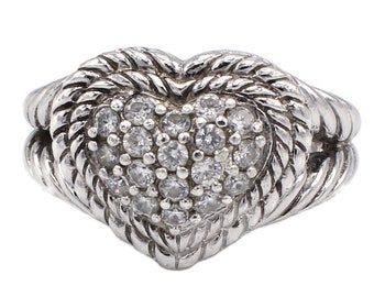 Judith Ripka Sterling Silver Heart Cubic Zirconia Cable Ring Size 6.75