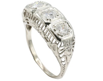 14 Karat White Gold Antique Natural Diamond Three-Stone Filigree Band Ring