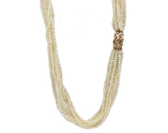 14 Karat Yellow Gold Multi Strand Fresh Water Pearl Necklace with Natural Diamond & Gold Clasp