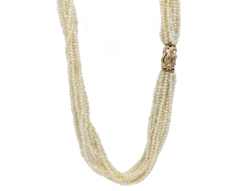 14 Karat Yellow Gold Multi Strand Fresh Water Pearl Necklace with Natural Diamond & Gold Clasp