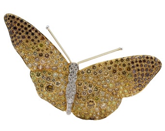 18 Karat Yellow Gold Multi-Colored Natural Diamond Butterfly Brooch Pin