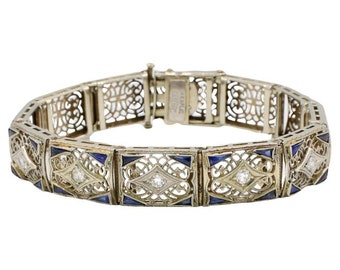 Esemco Art Deco 14 Karat White Gold Natural Diamond & Sapphire Filigree Bracelet