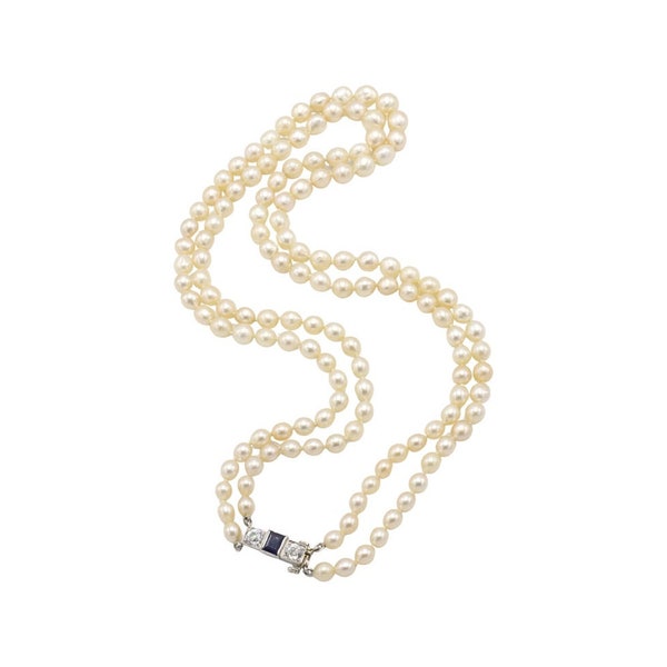 Platinum Double Row Pearl Necklace with Natural Diamond and Sapphire Clasp