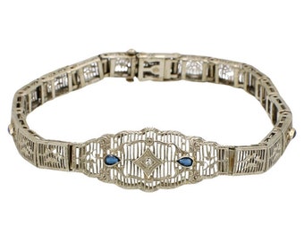 Art Deco White Gold Filigree Natural Diamond & Sapphire Belly Bracelet