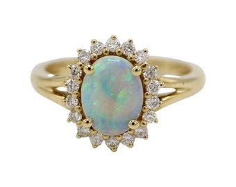 14 Karat Yellow Gold Opal & Natural Diamond Halo Cocktail Ring