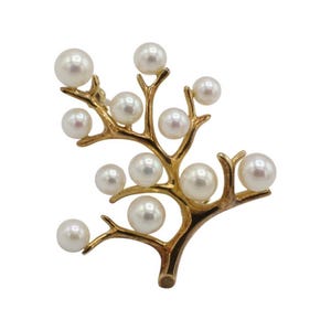 Mikimoto 14 Karat Yellow Gold Akoya Cultured Pearl Tree of Life Brooch Pin