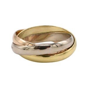 May include: A gold, silver, and rose gold interlocking ring. The ring is made of three bands that are intertwined. The bands are polished and smooth.
