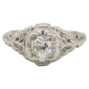 Art Deco 18 Karat White Gold Old European Cut Natural Diamond Engagement Ring