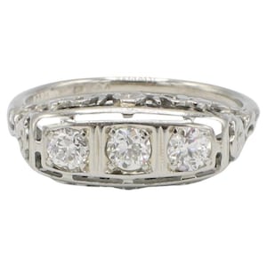 Art Deco 18 Karat White Gold Old European Cut Natural Diamond Three Stone Ring