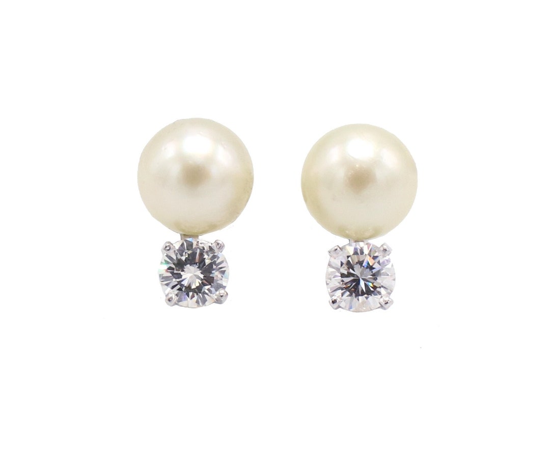 14 Karat White Gold Pearl & Natural Diamond Stud Earrings - Etsy