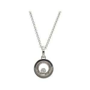 May include: A silver necklace with a circular pendant. The pendant has a clear outer ring and a smaller inner circle holding a small, round, clear stone. The necklace chain is made of small, linked circles.