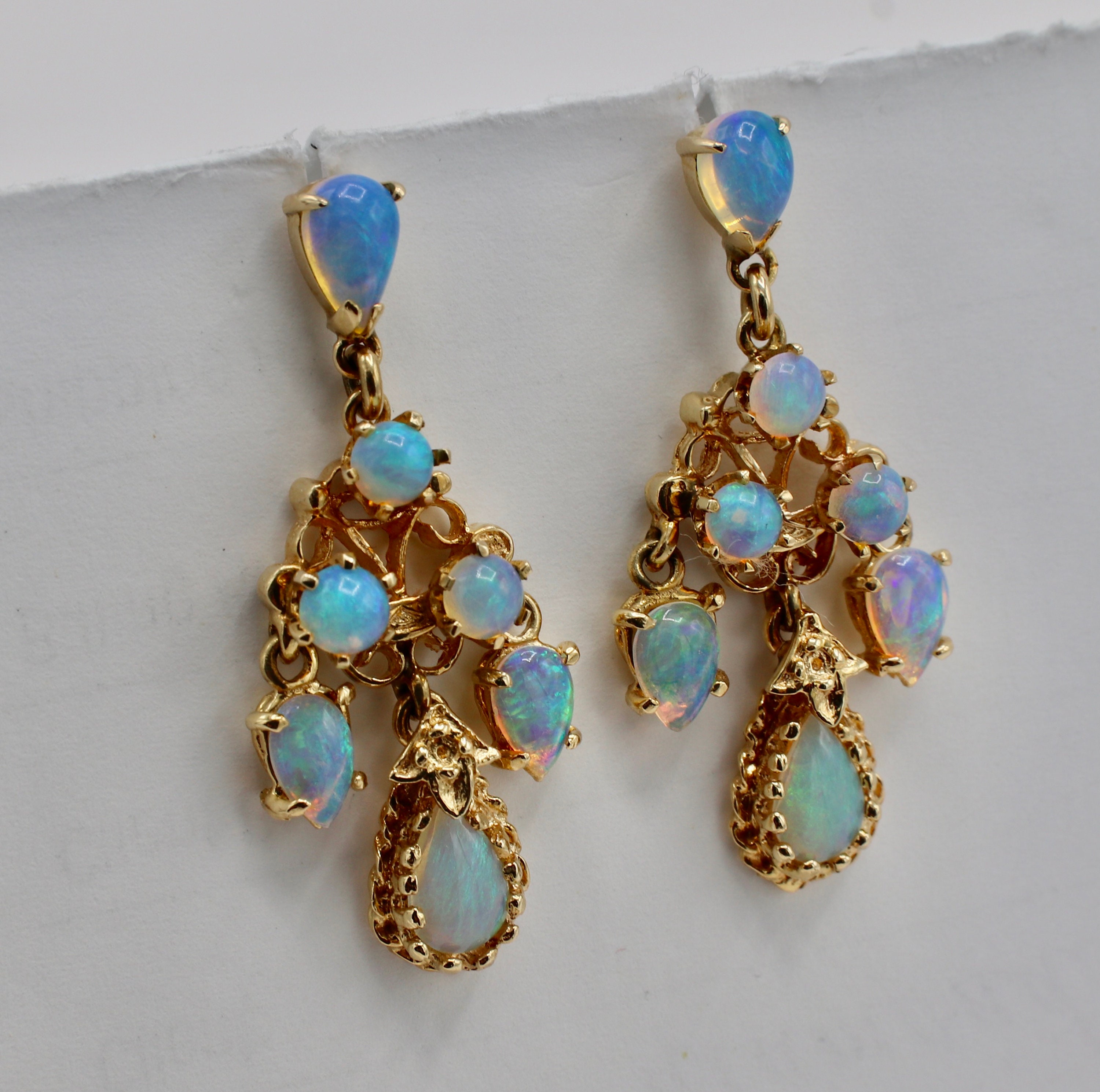 14K Yellow Gold Opal Chandelier Dangle Drop Earrings Etsy