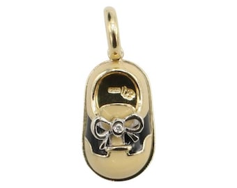 Aaron Basha 18K Gold Black White Enamel & Diamond Saddle Baby Shoe Charm Pendant