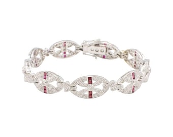 18 Karat White Gold Natural Diamond & Ruby Station Link Bracelet