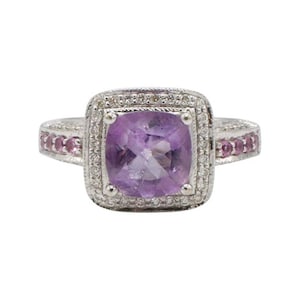Levian 14 Karat White Gold Natural Diamolnd & Amethyst Pink Sapphire Cocktail Statement Ring