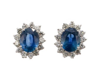 14 Karat White Gold Natural Blue Sapphire & Diamond Halo Earrings