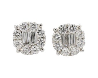 18 Karat White Gold Natural Baguette & Round Diamond Cluster Stud Earrings