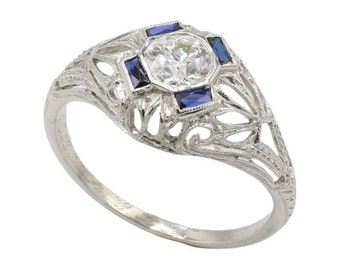 Art Deco Platinum .50 Carat Old European Cut Natural Diamond & Blue Sapphire Dome Ring