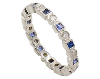 18 Karat White Gold Natural Diamond & Blue Sapphire Band Ring