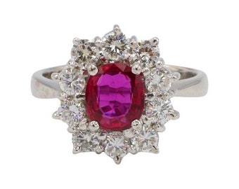 GIA Certified 18 Karat White Gold Natural Ruby & Diamond Halo Cocktail Ring