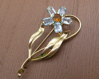 Vintage 14K Gold Aquamarine Pin, Retro Aquamarine Brooch, Gold Flower Brooch, Citrine, Mid Century Pin
