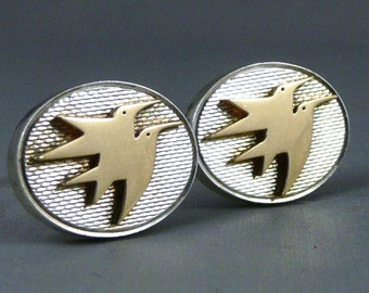Gold And Sterling Cufflinks, Vintage English 18K Sterling Silver Cufflinks With Birds, English 18ct Sterling Cufflinks Made in London