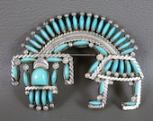 Zuni Sterling Silver Needlepoint Brooch, Vintage Hugh Bowekaty Rainbowman Sleeping Beauty Turquoise Pin Pendant