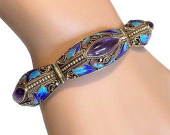 Vintage Chinese Export Silver Enamel Amethyst Link Bracelet, Filigree, 7 Inches