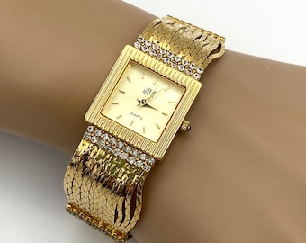 Vintage Nolan Miller Rhinestone Bracelet Watch: Gold Tone Glamour Collection