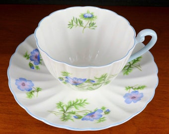 Vintage Shelley Blue Poppy Teacup & Saucer: Ludlow Bone China
