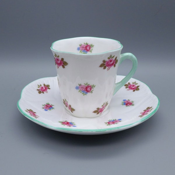 Shelley Demitasse Cup And Saucer Set, Vintage Rosebud Pattern In The Dainty Shape